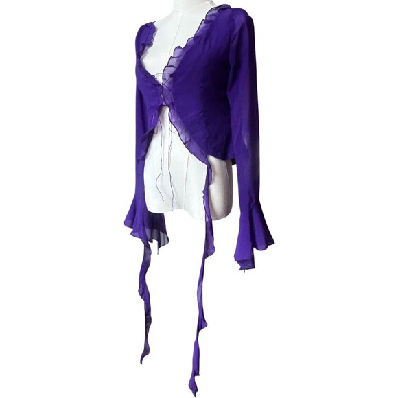 Peppermayo Tie Front Sheer Ruffle Blouse Purple Long Sleeve S - Picture 4 of 12